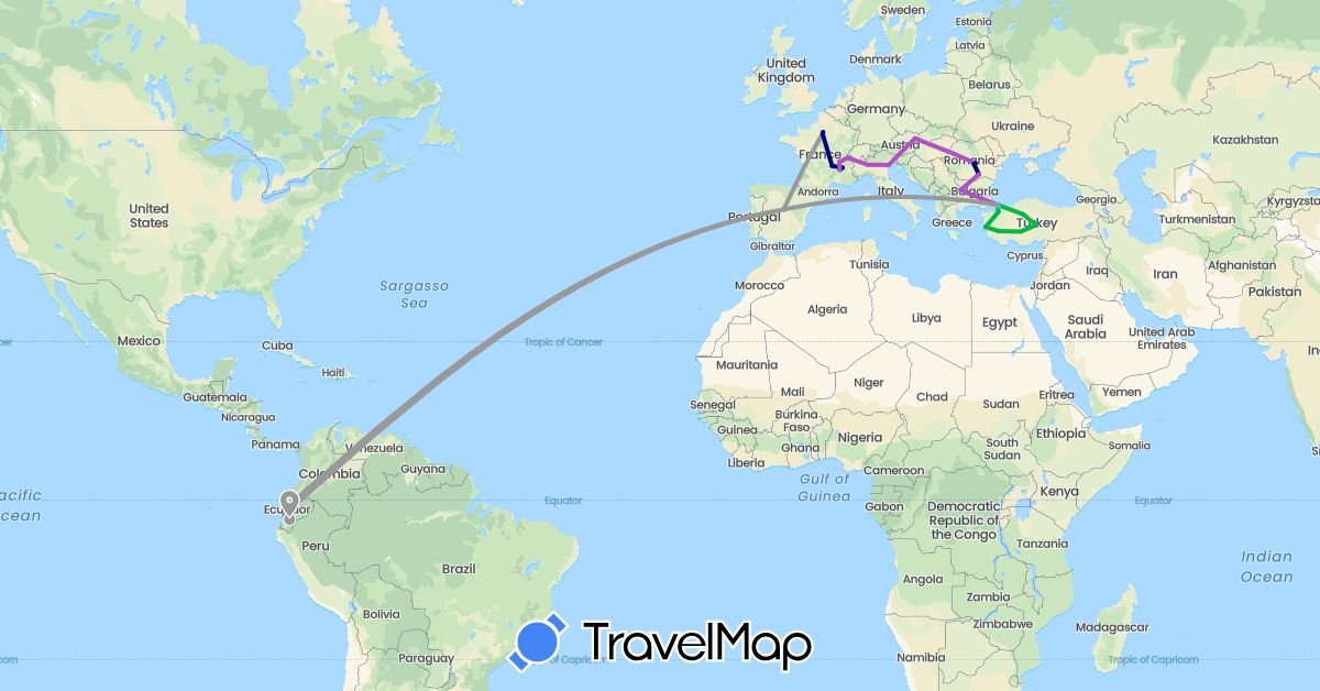 TravelMap itinerary: driving, bus, plane, train, boat in Austria, Bulgaria, Switzerland, Ecuador, Spain, France, Hungary, Italy, Romania, Turkey (Asia, Europe, South America)